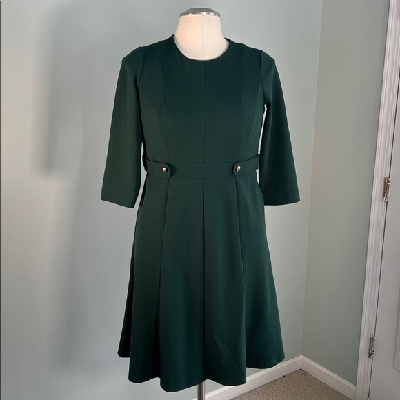 London Times Petites Emerald Green Crew Neck 3/4 Long Sleeve A-Line Midi Dress 6 - Picture 3 of 11